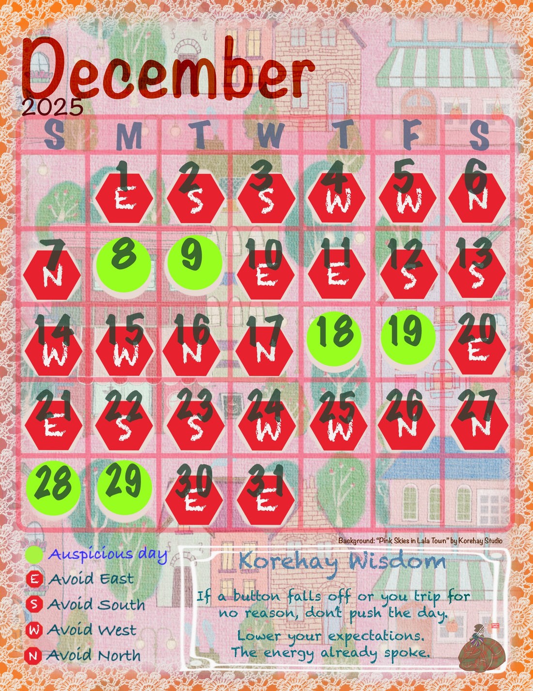 Hand-illustrated LALATOWN Auspicious Day Calendar for December 2025 in soft colors.