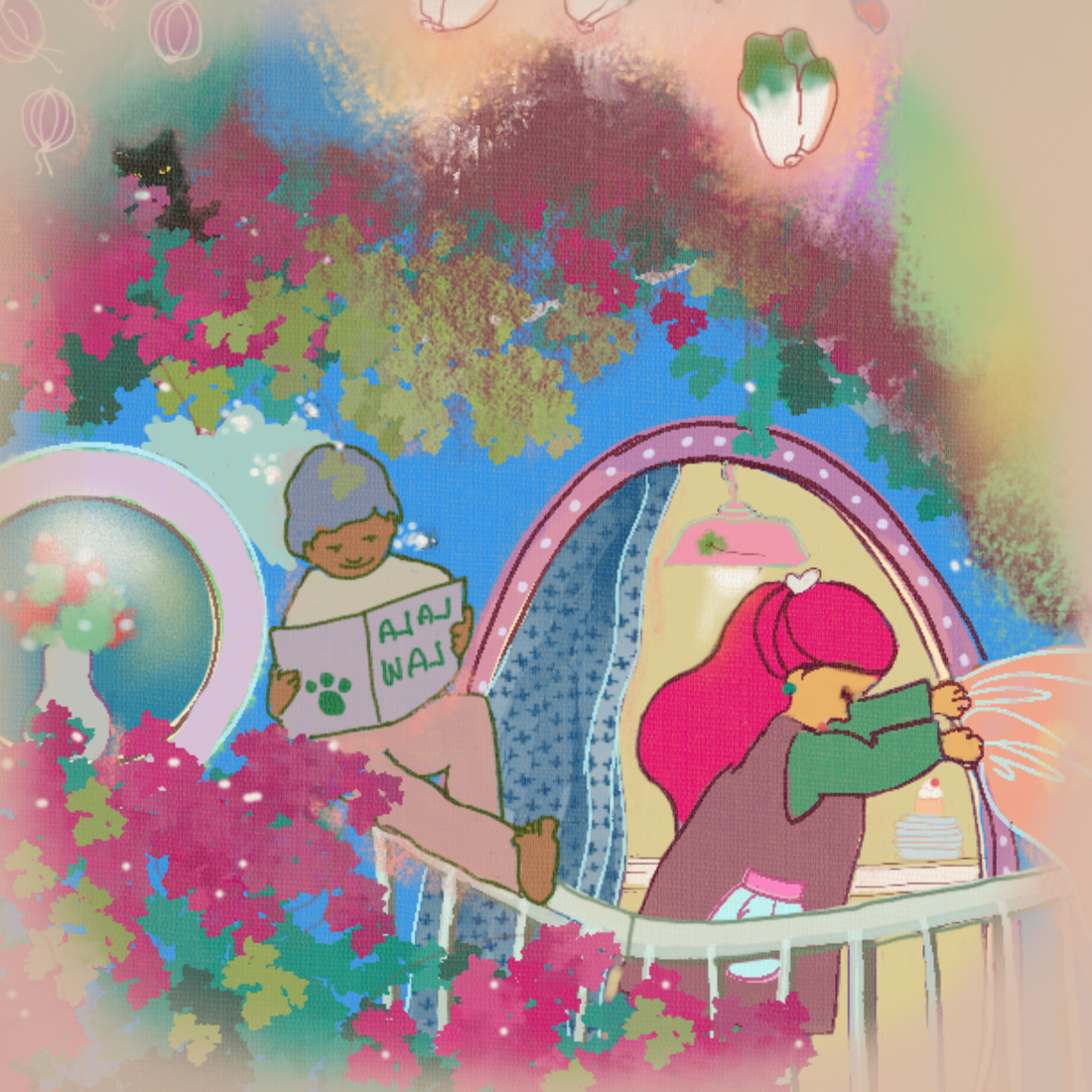 A soft, pastel-toned illustration used as the welcome image for the LALA Library, featuring gentle colors and warm textures that invite the viewer into a quiet storyroom in LALATOWN.