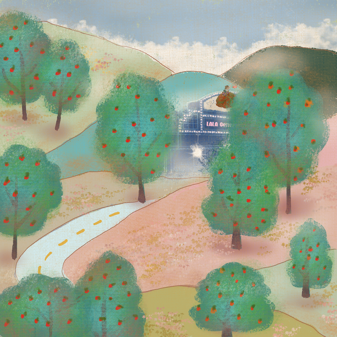 A soft, whimsical landscape painting with green rolling hills inspired by New Zealand, featuring a subtly hidden LALA General Store tucked into the scene, painted in the cozy and imaginative style of LALATOWN.