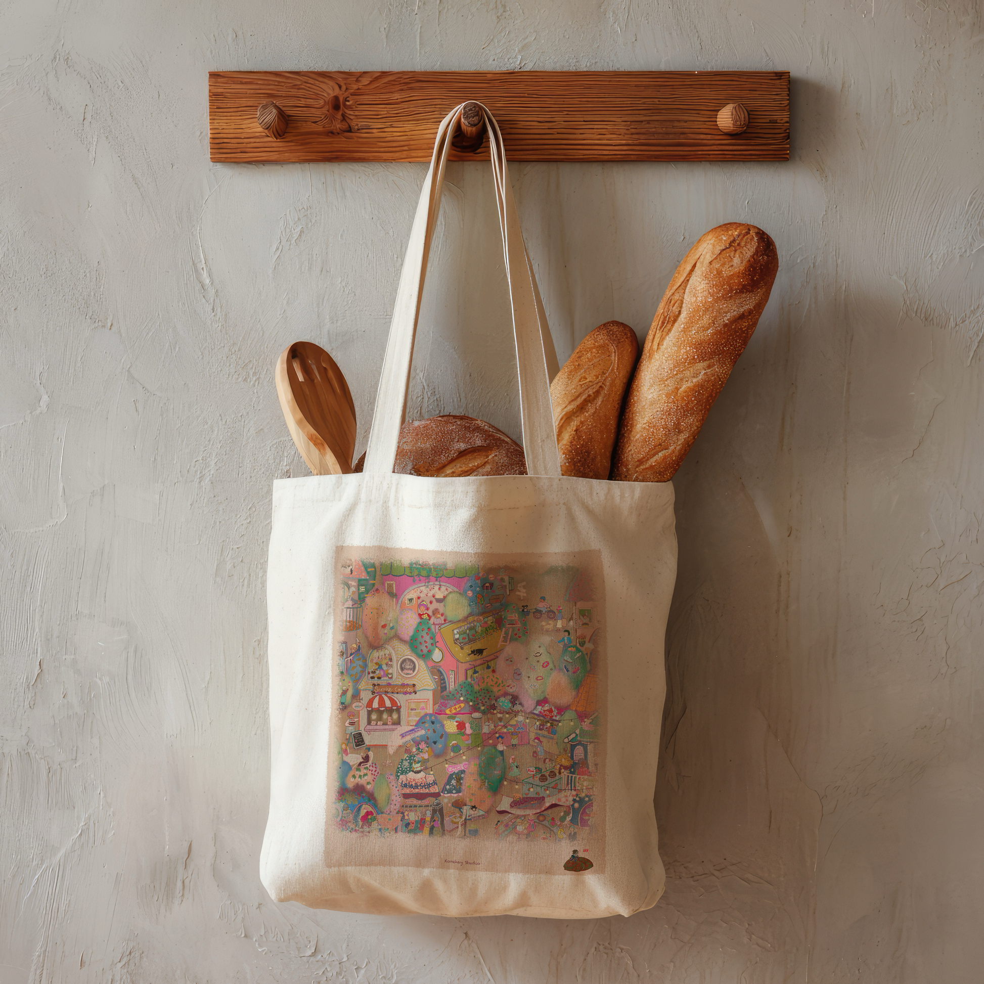 LALATOWN “Welcome to My LALATOWN” canvas tote bag — illustrated grocery shopping bag with lemons and cozy pastel towns, by Korehay Studio.