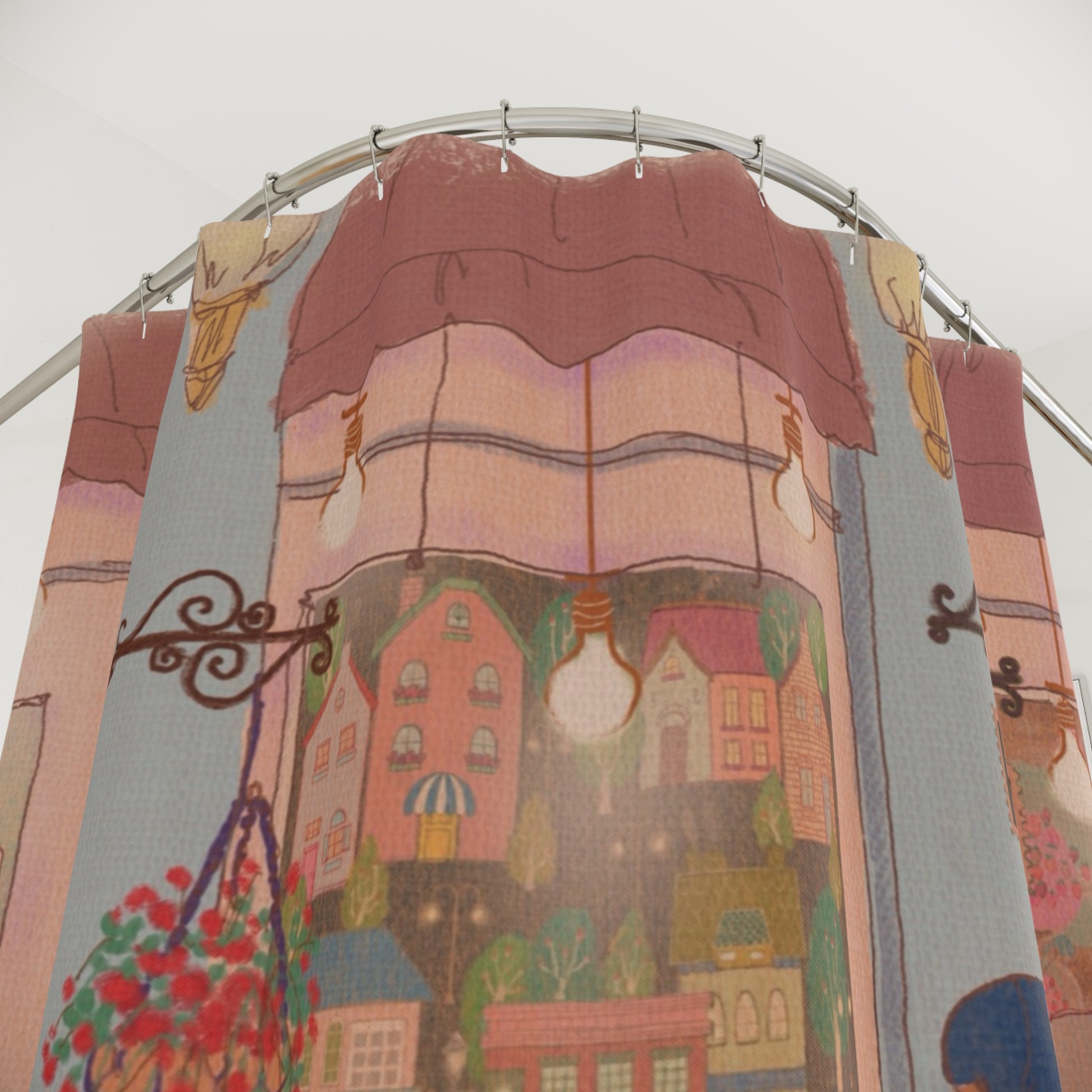 LALATOWN shower curtain “Shopping Day in LALATOWN” illustration by Korehay Studio — cozy kitchen scene with lemons, produce, soft colors.