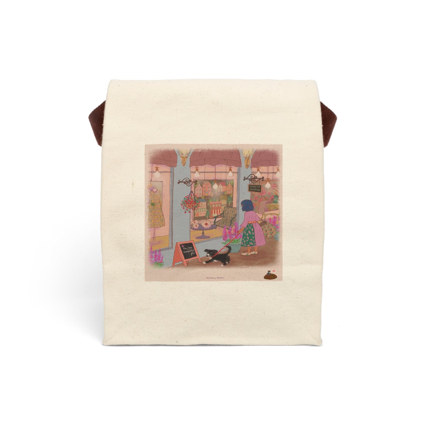 LALATOWN “Shopping Day in LALATOWN” canvas lunch bag — insulated bento carrier with illustrated town scene by Korehay Studio.