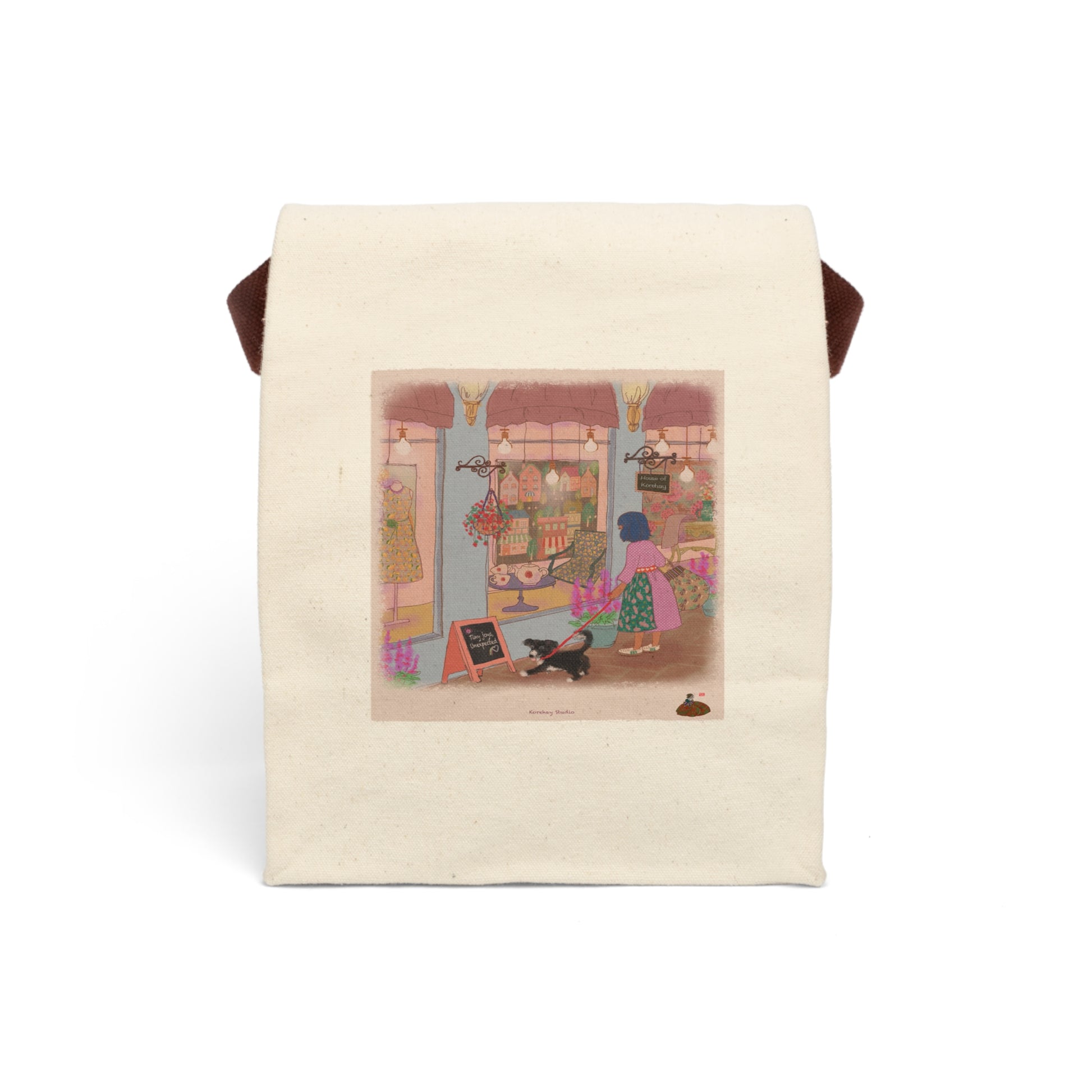 LALATOWN “Shopping Day in LALATOWN” canvas lunch bag — insulated bento carrier with illustrated town scene by Korehay Studio.