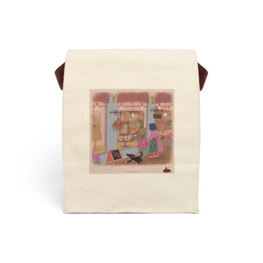 LALATOWN “Shopping Day in LALATOWN” canvas lunch bag — insulated bento carrier with illustrated town scene by Korehay Studio.