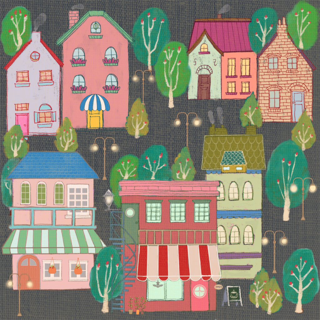 Painting of a quiet, dreamlike town seen from a distance, with soft buildings, warm lights, and a calm atmosphere, imagined as a peaceful place beyond a hospital window during a rainy night.