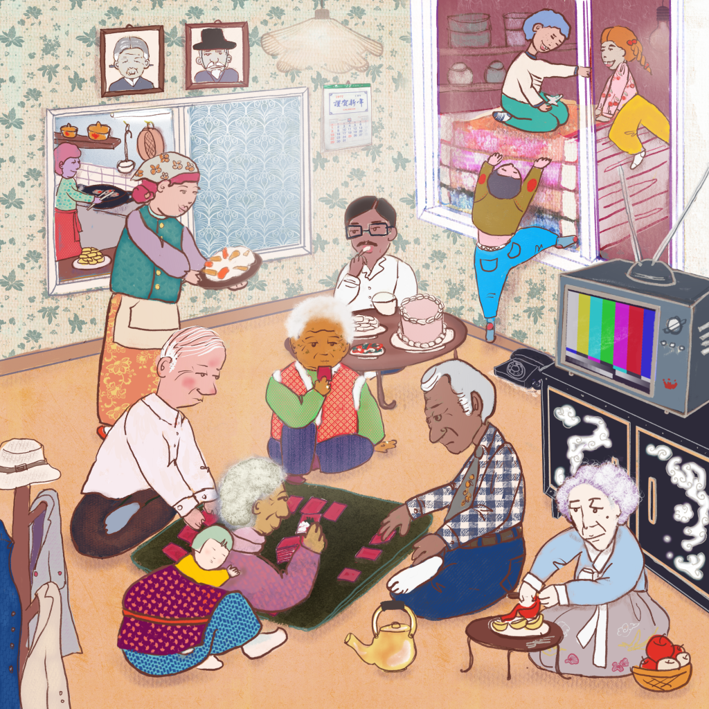 Korean family gathered on the floor playing Hwatu cards while relatives cook, serve food, and climb through a window during a lively 1970s holiday scene.