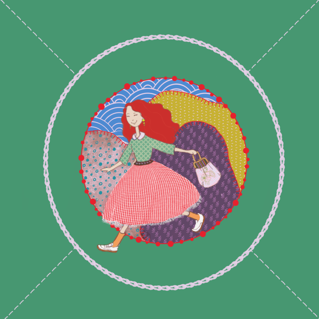 A woman with flowing red hair steps forward inside a stitched, heart-shaped patchwork, holding a small bag against a green background.