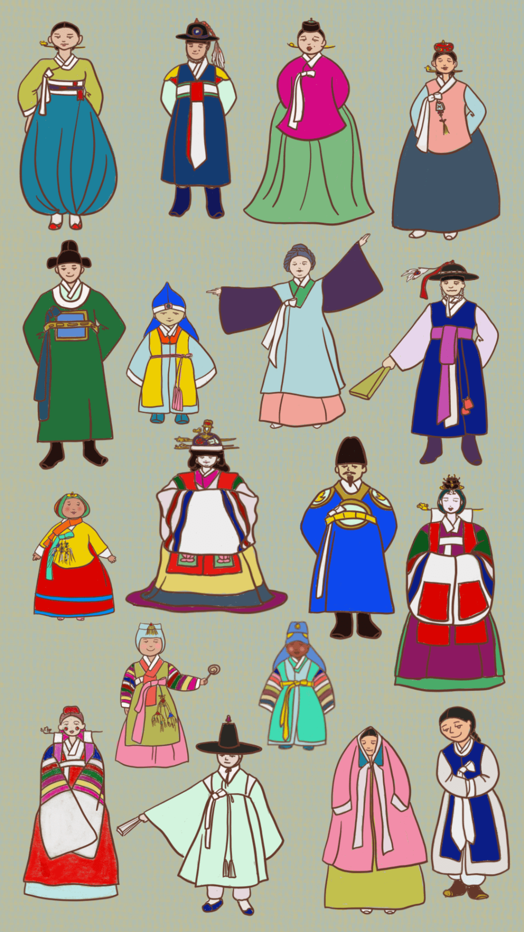 Colorful hanbok characters from LALATOWN, created using a Procreate brush set