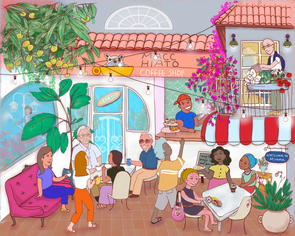 Illustrated Café Macchiato in Miramar, Puerto Rico, reimagined as part of the LALATOWN Studio custom illustration experience.