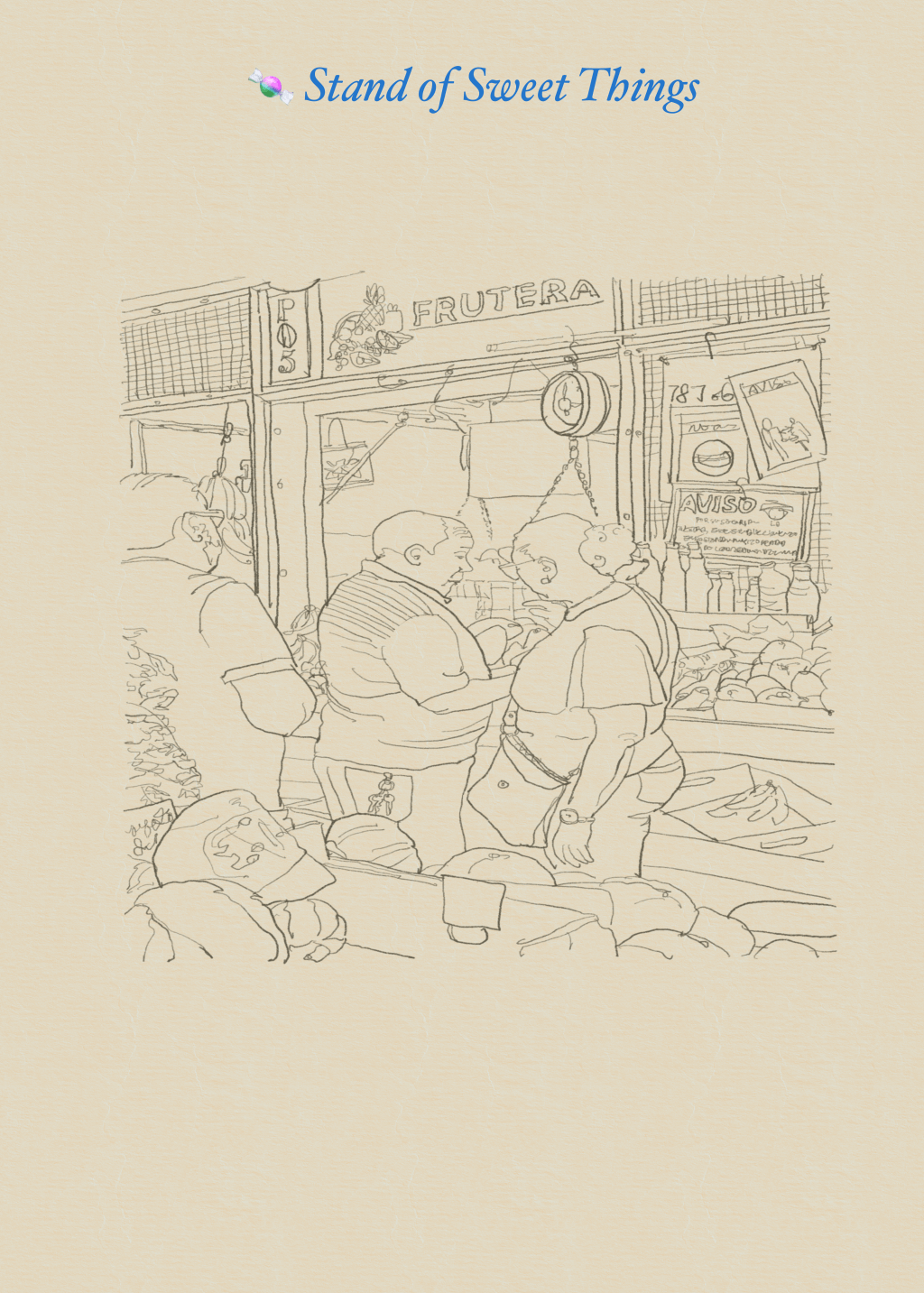 Illustrated tropical fruit stand scene with cheerful shopkeepers, colorful produce, and hand-drawn Puerto Rico-inspired architectural details created as digital pen artwork.
