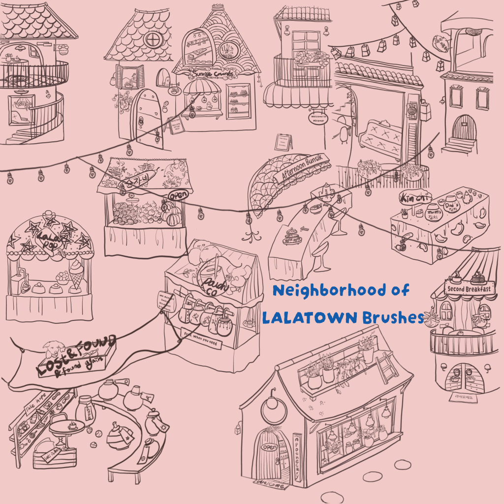 Neighborhood of LALATOWN Procreate stamp brushes featuring cozy shops, houses, cafés, and illustrated neighborhood scenes