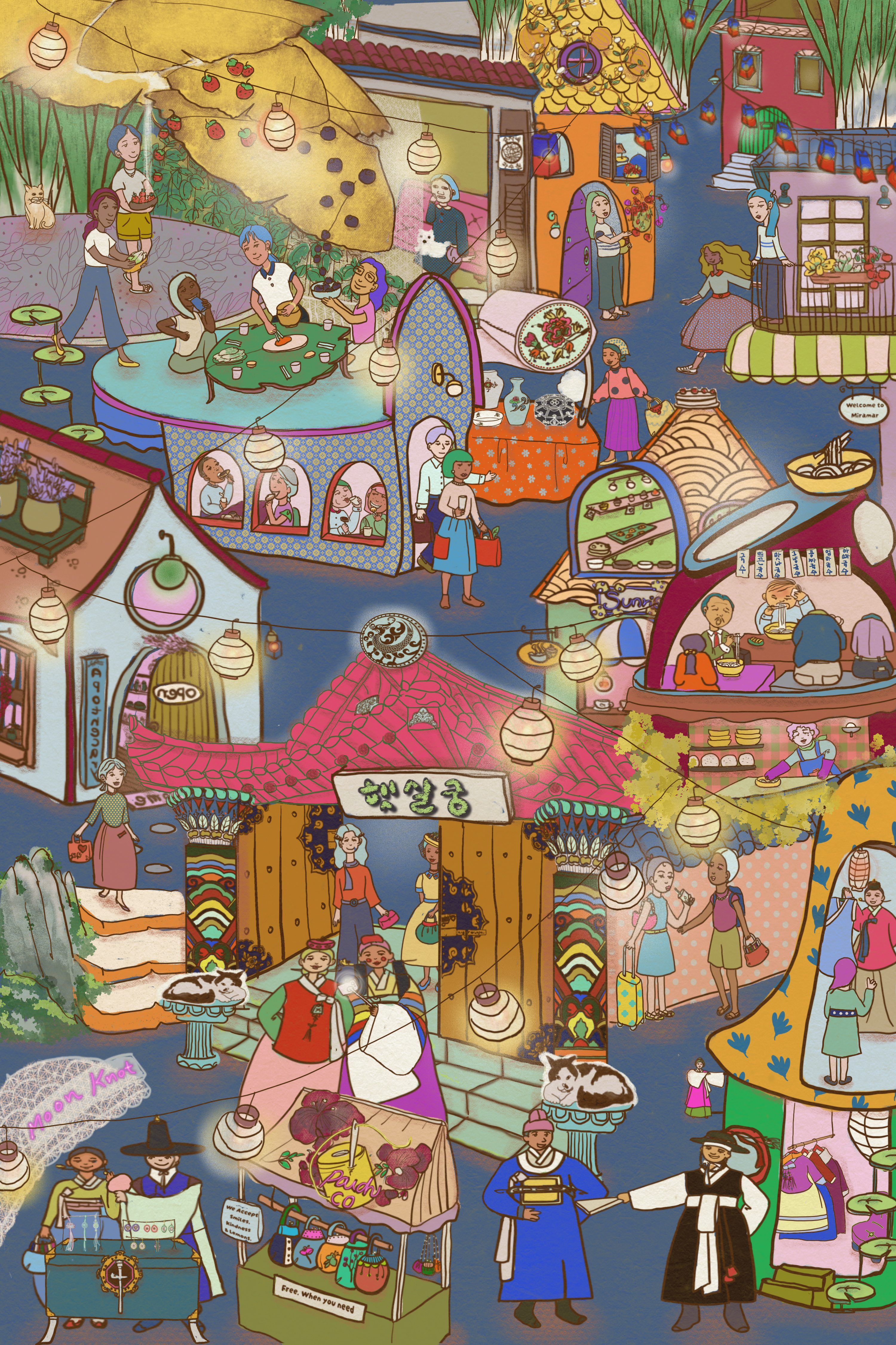 A whimsical nighttime illustration of LALATOWN, where glowing lanterns, cozy Korean streets, tiny shops, neighbors, and warm lights create a magical evening village.