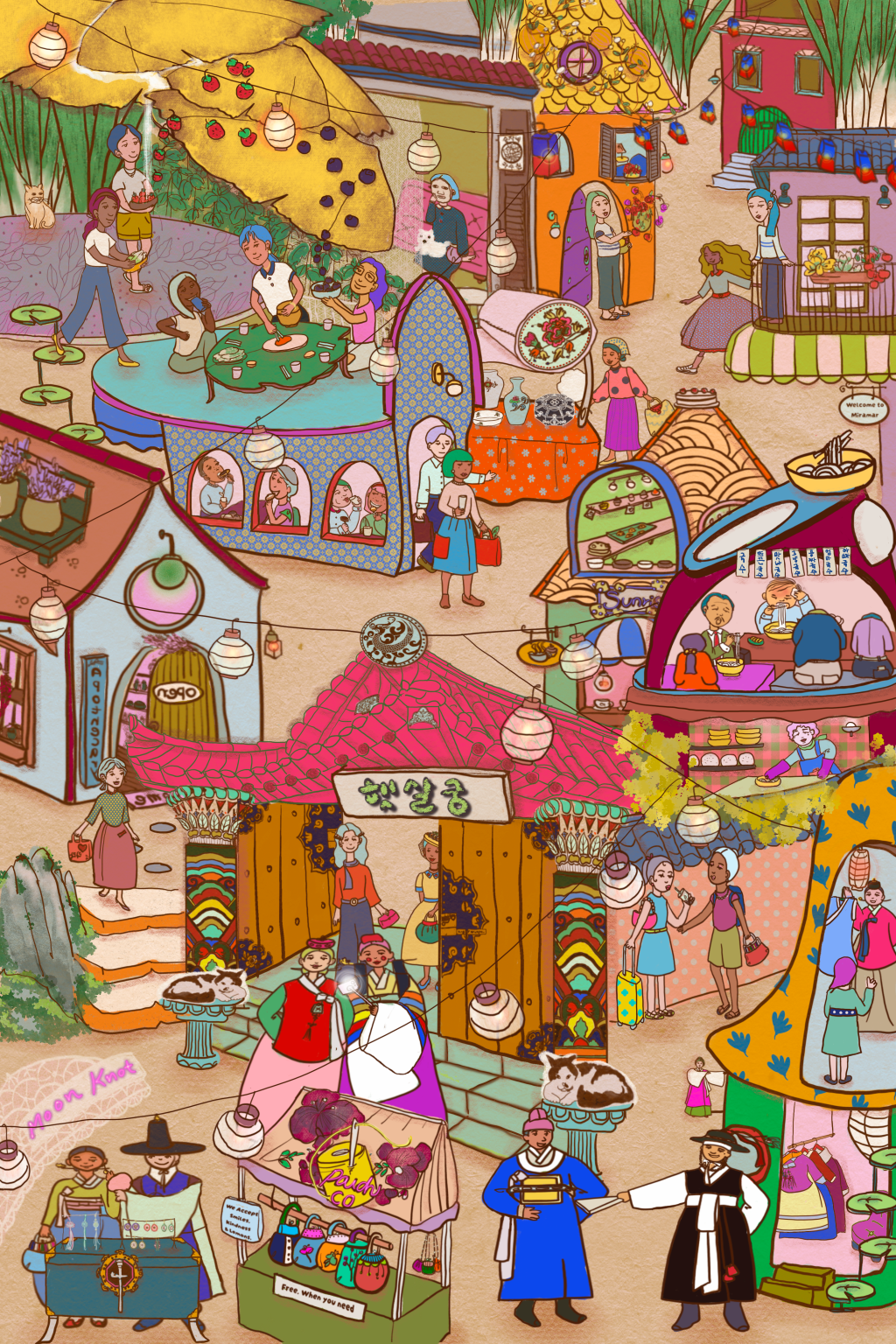 A whimsical illustrated neighborhood in LALATOWN filled with cozy houses, tiny shops, cheerful neighbors, gardens, plum trees, perilla leaf umbrellas, the Sunshine Palace, and storybook details that create a warm, peaceful village full of everyday magic.